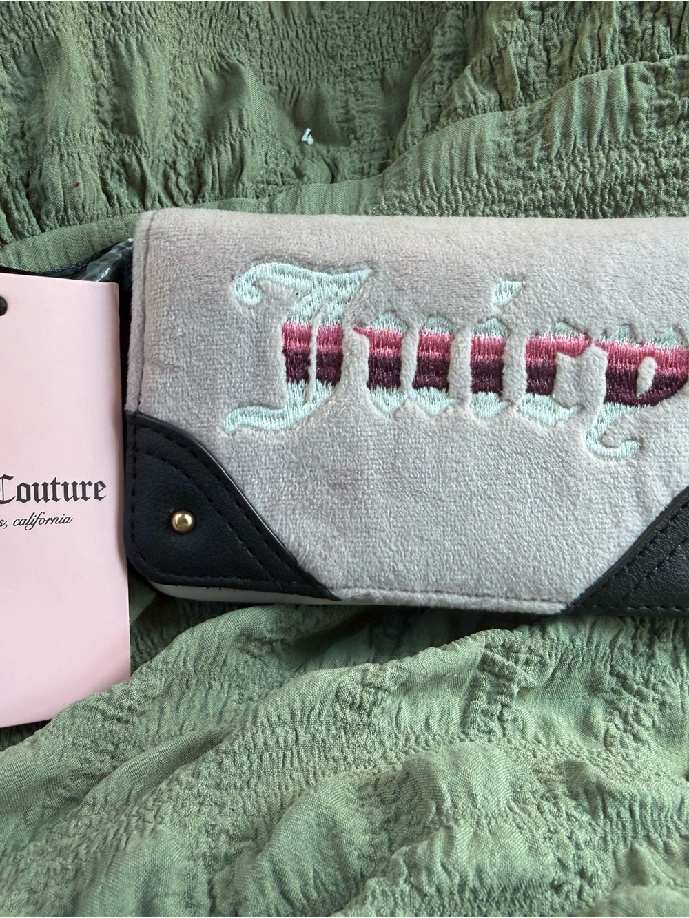 Juicy Couture Blush Pink Suede Wallet with Black Corner Accents